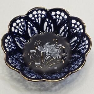 Cobalt Blue Lace Porcelain Trinket Dish L👀K Delicate Lovely Bertalan, Hungary